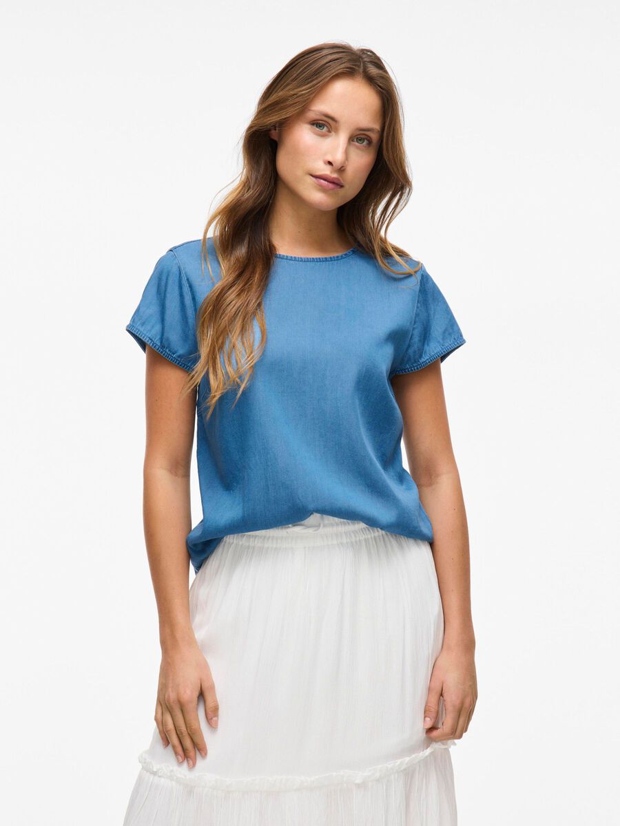 VILA SCOLLO ROTONDO TOP A MANICHE CORTE, Medium Blue Denim, highres - 14107317_MediumBlueDenim_003.jpg