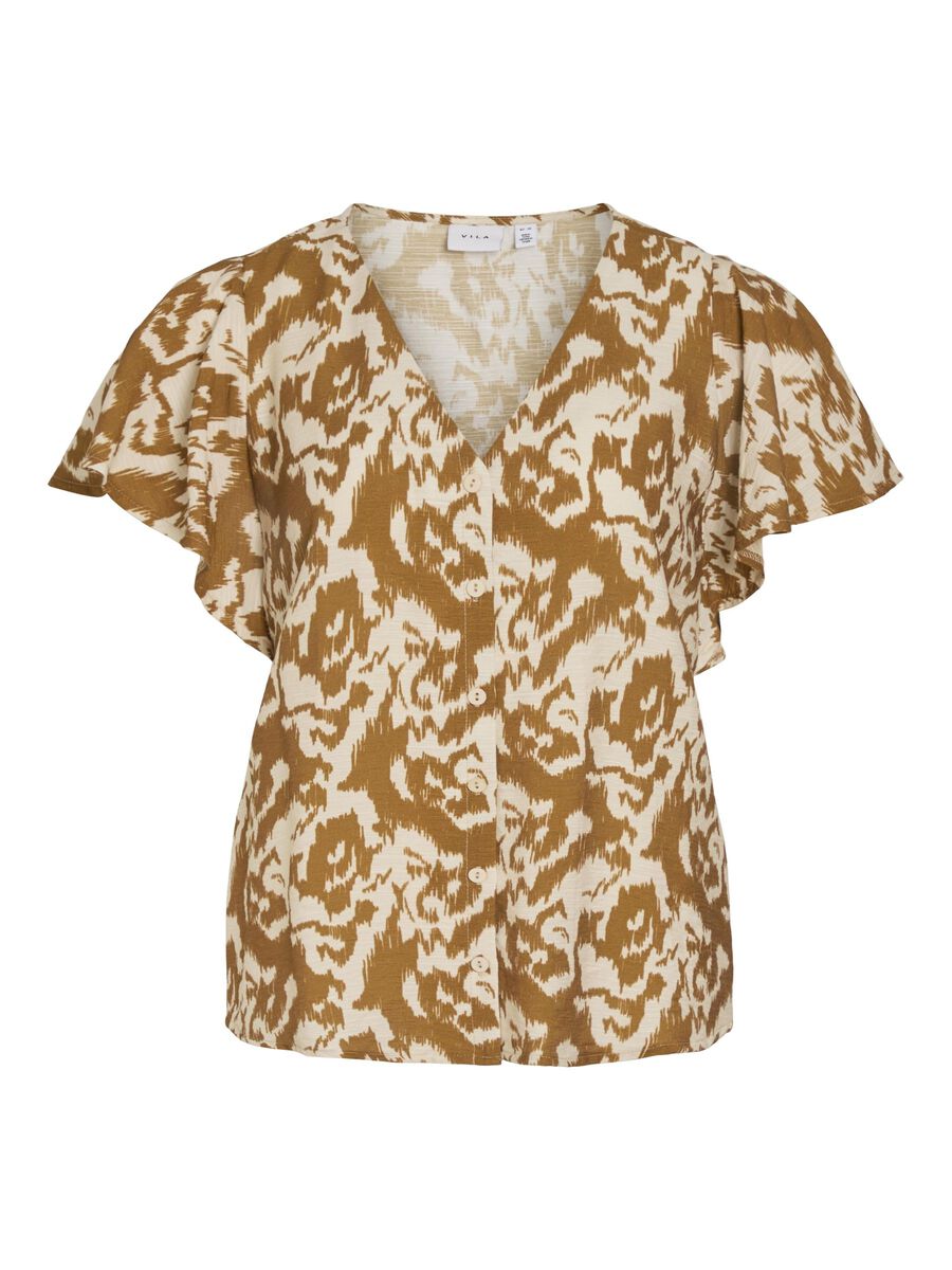VILA V-NECK SHORT SLEEVED TOP, Wood Thrush, highres - 14106299_WoodThrush_1179202_001.jpg