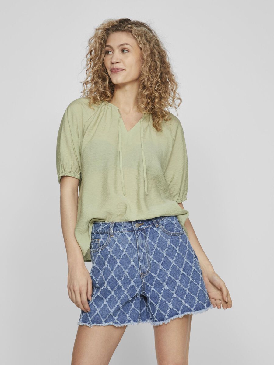 VILA TIE NECK SHORT SLEEVED TOP, Swamp, highres - 14098907_Swamp_003.jpg