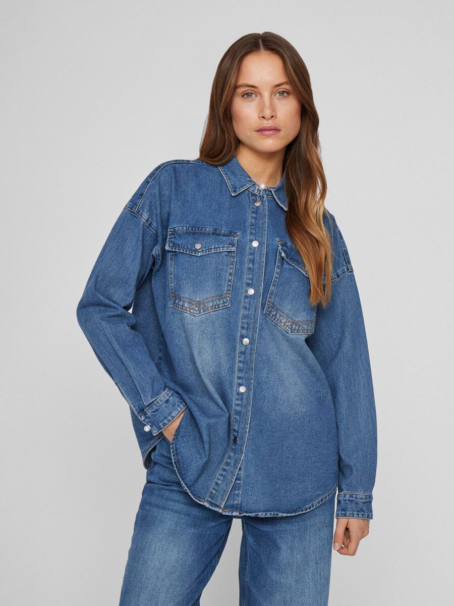 VILA LONG SLEEVED DENIM SHIRT, Dark Denim, highres - 14108643_DarkDenim_003.jpg
