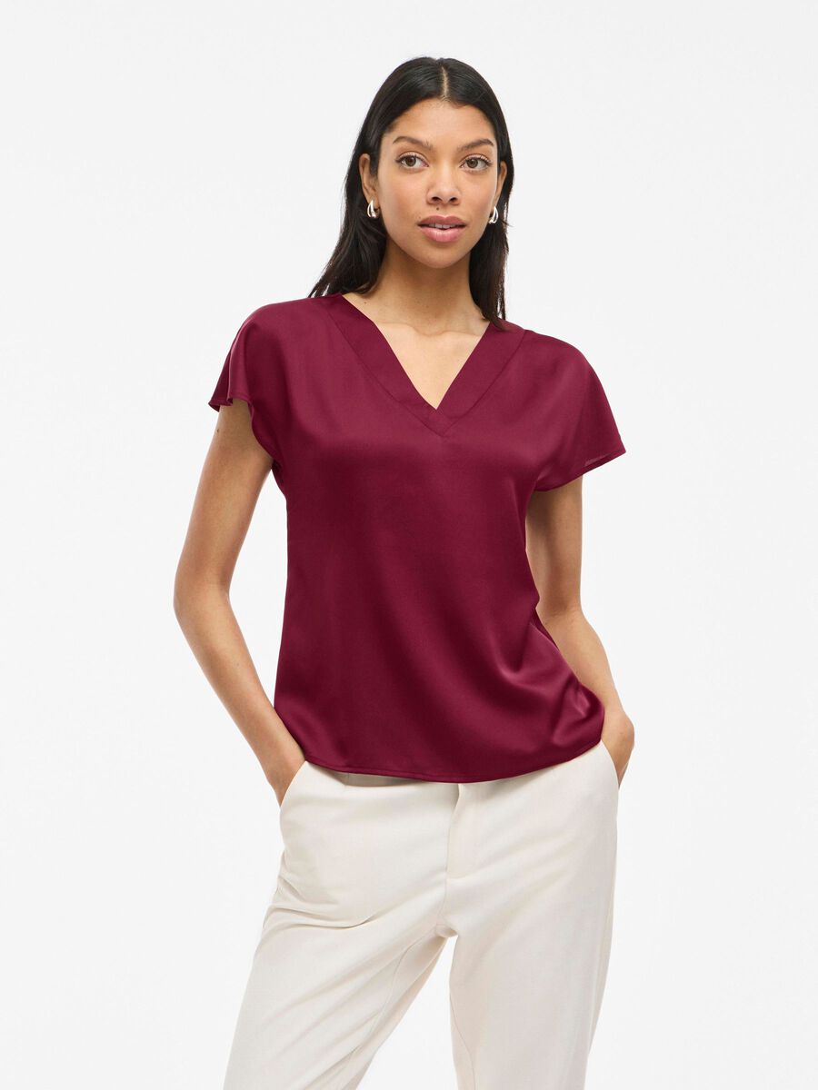 VILA V-NECK SHORT SLEEVED TOP, Cabernet, highres - 14111148_Cabernet_003.jpg
