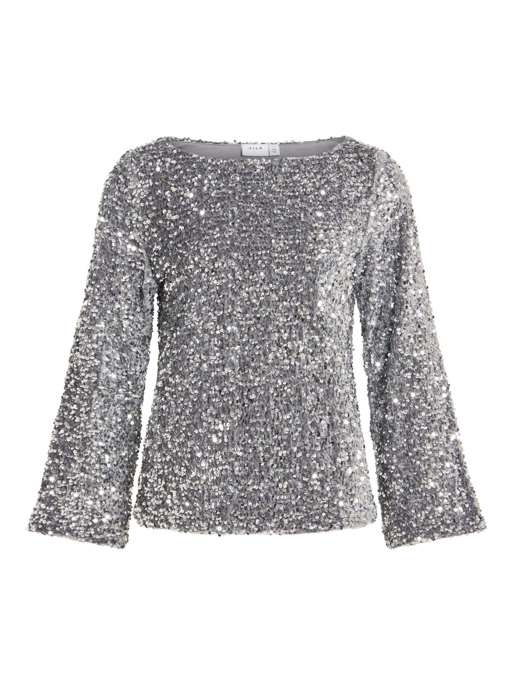 SEQUIN LONG SLEEVED TOP | Grey | VILA® SEQUIN LONG SLEEVED TOP | Grey | VILA®