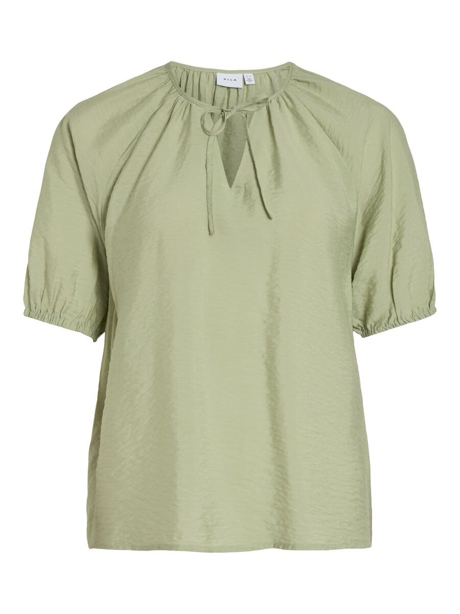 VILA TIE NECK SHORT SLEEVED TOP, Swamp, highres - 14098907_Swamp_001.jpg