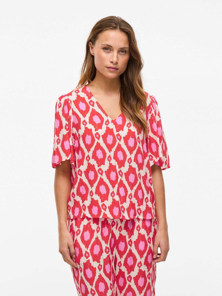 VILA VIKIKKI V-NECK SHORT SLEEVED TOP, Aurora Red, highres - 14109538_AuroraRed_1213997_003.jpg