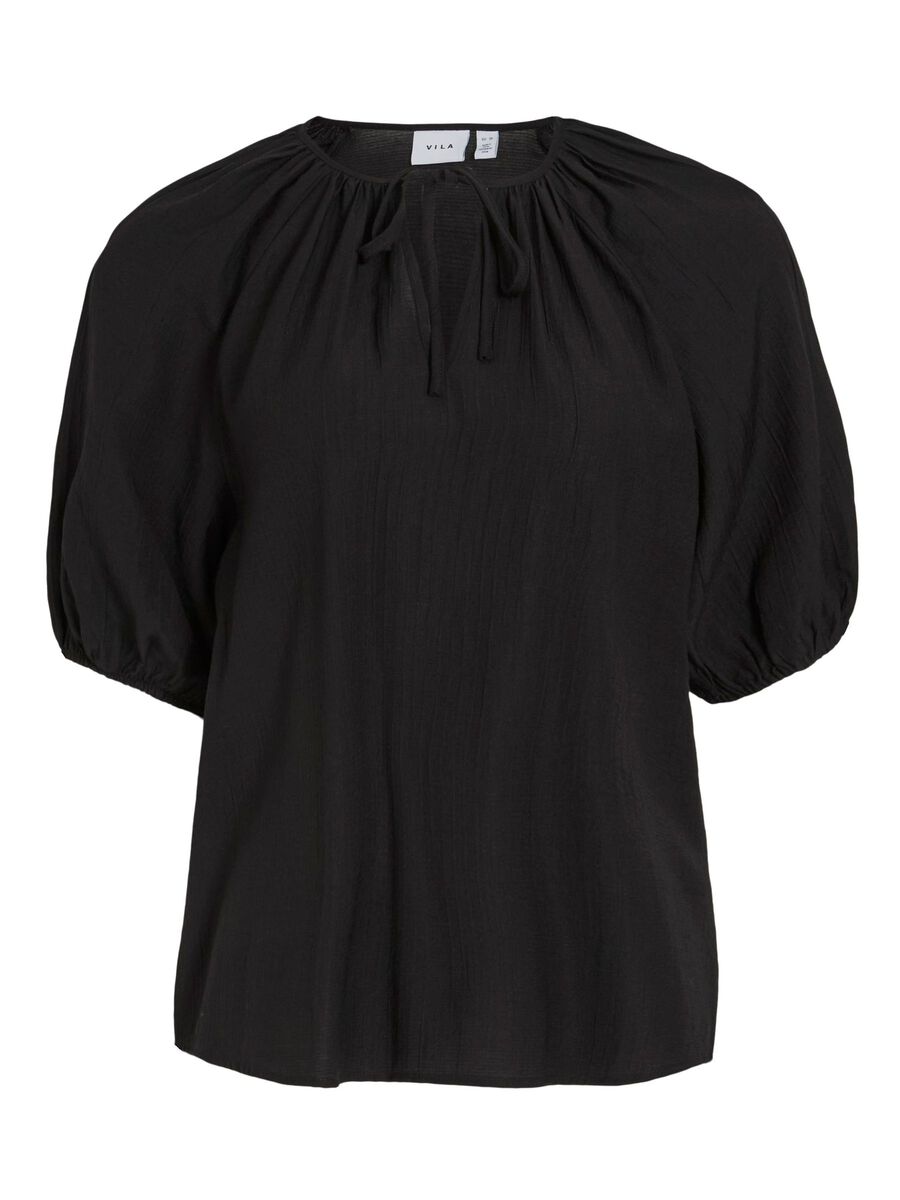 VILA TIE-NECK SHORT SLEEVED TOP, Black Beauty, highres - 14102609_BlackBeauty_001.jpg