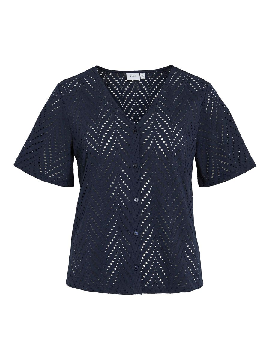 VILA VIDELAIA V-NECK SHORT SLEEVED SHIRT, Navy Blazer, highres - 14106624_NavyBlazer_001.jpg