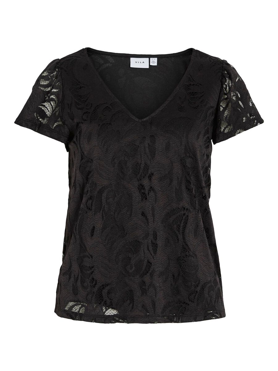 VILA VISTASIA V-NECK SHORT SLEEVED TOP, Black, highres - 14111231_Black_001.jpg