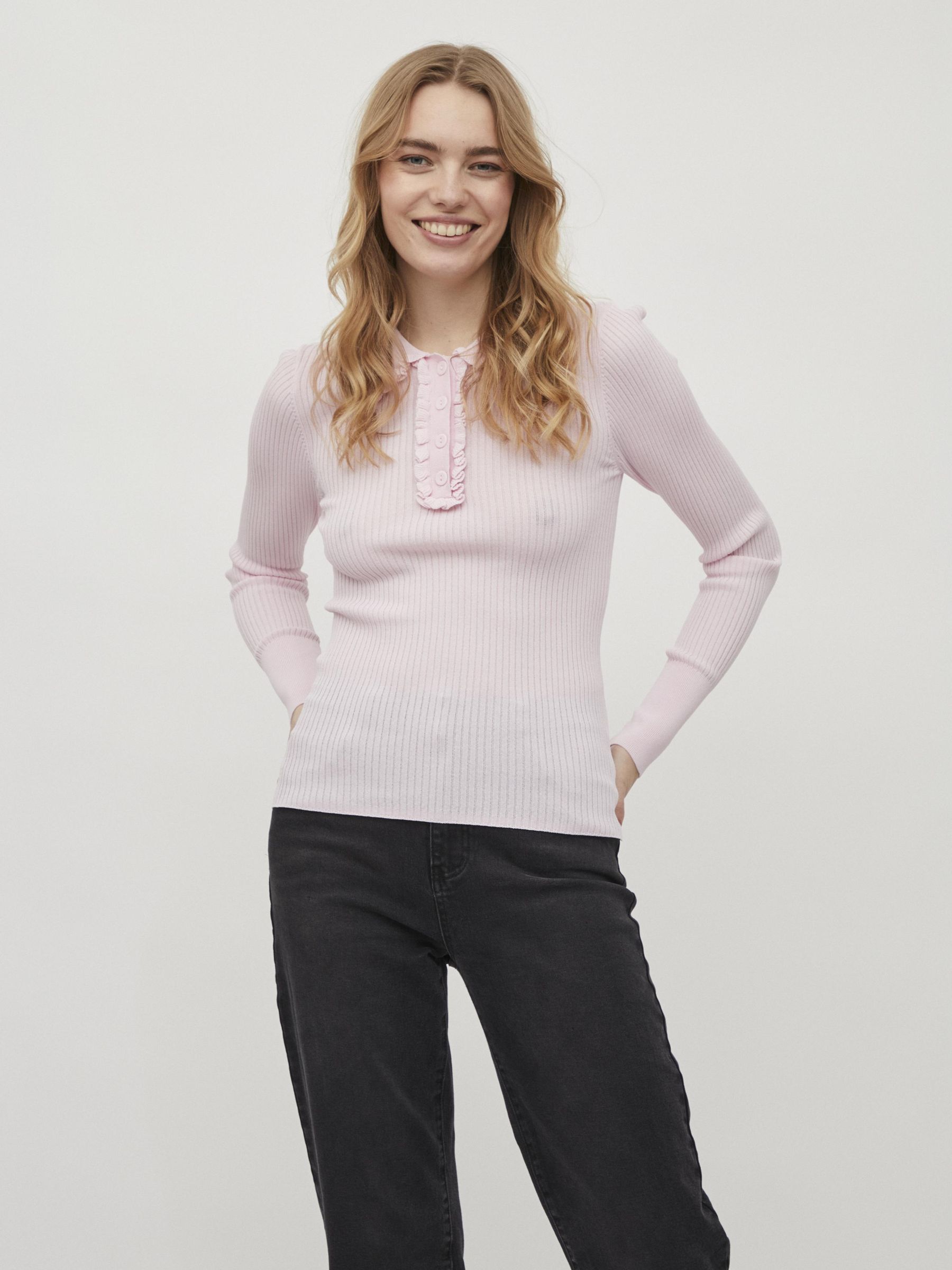 RUFFLE NECK POLO SHIRT Pink VILA