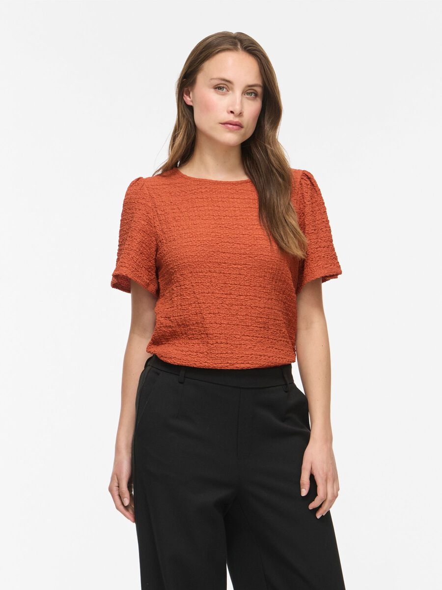 Product carousel image - VILINDAU ROUND NECK SHORT SLEEVED TOP, Burnt Brick | 1