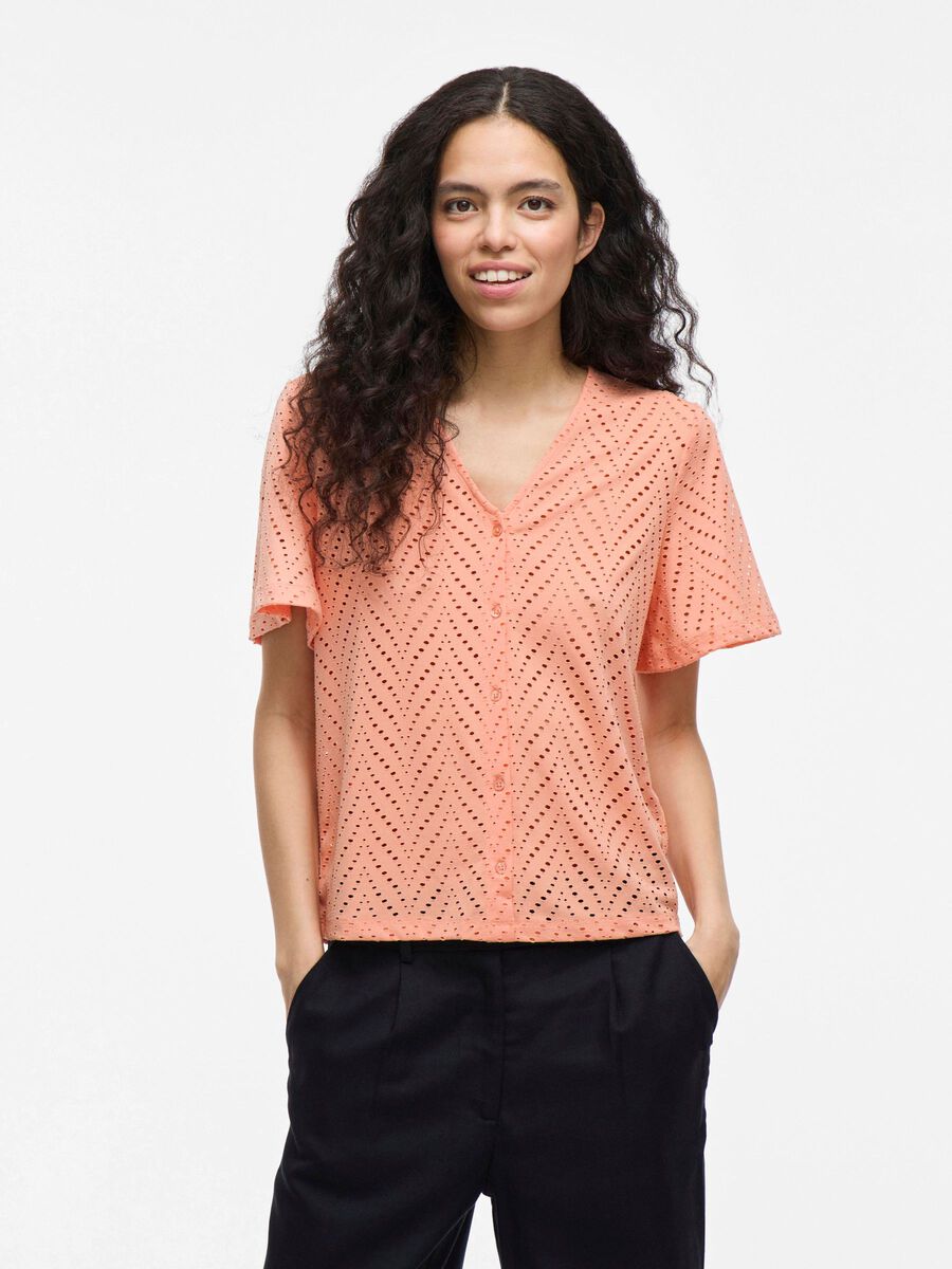 VILA VIDELAIA V-NECK SHORT SLEEVED SHIRT, Cadmium Orange, highres - 14106624_CadmiumOrange_003.jpg