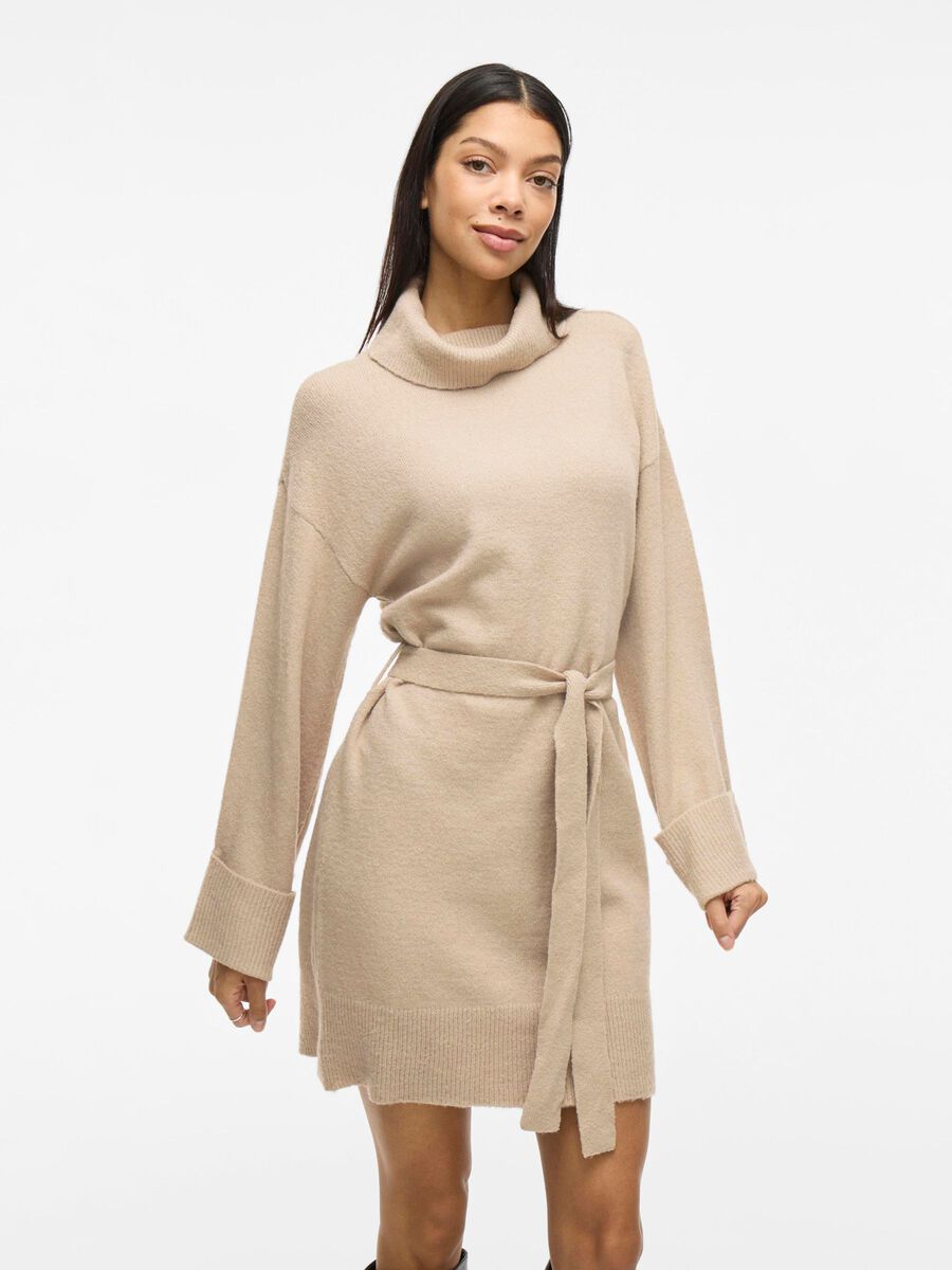 VILA TIE WAIST KNITTED DRESS, Natural Melange, highres - 14061999_NaturalMelange_003.jpg