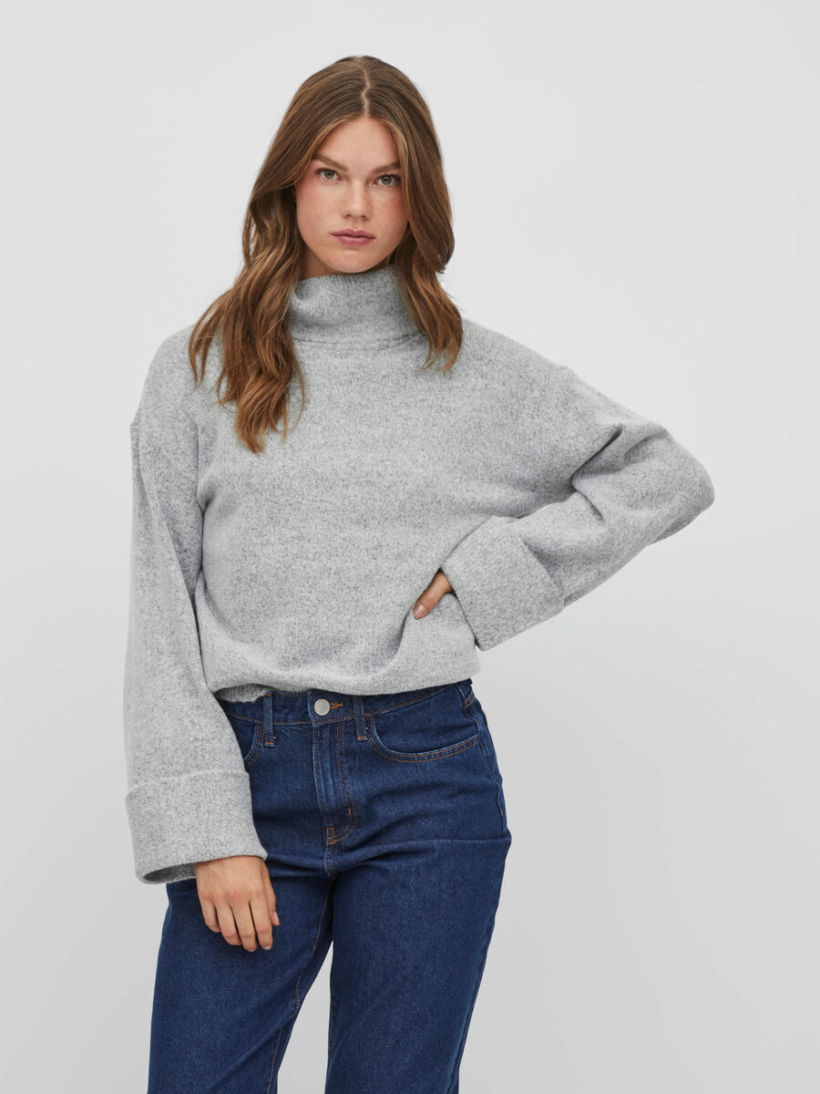 Vila ROLL NECK KNITTED PULLOVER, Light Grey Melange, highres - 14080179_LightGreyMelange_003.jpg