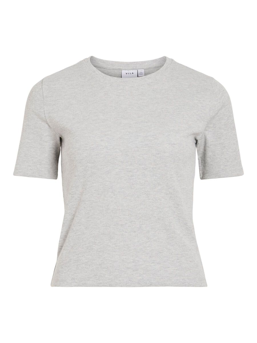 VILA VISOLA ROUND NECK SHORT SLEEVED TOP, Light Grey Melange, highres - 14101758_LightGreyMelange_001.jpg