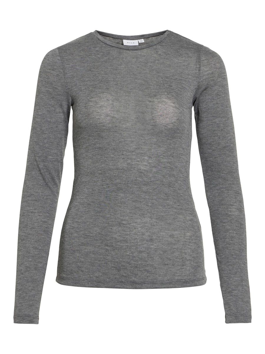 VILA RONDE HALS TOP MET LANGE MOUWEN, Dark Grey Melange, highres - 14111424_DarkGreyMelange_001.jpg