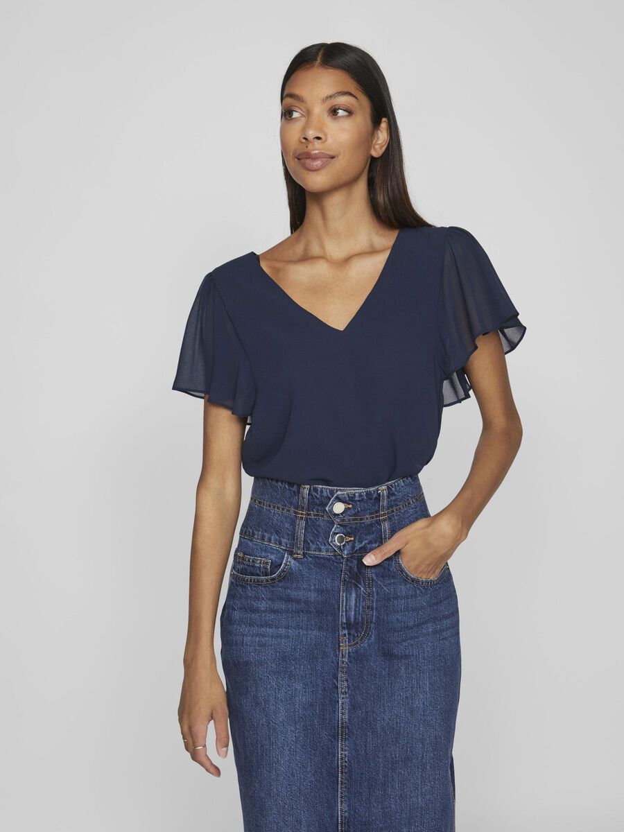 VILA SHORT SLEEVED V-NECK TOP, Navy Blazer, highres - 14098368_NavyBlazer_003.jpg