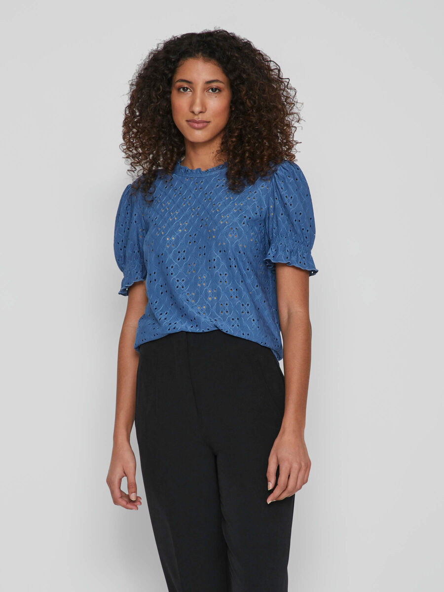 Vila EMBROIDERED SHORT SLEEVED TOP, Federal Blue, highres - 14070251_FederalBlue_003.jpg