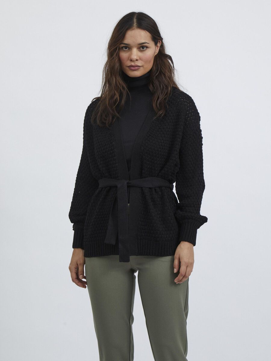 Vila TEXTURED TIE WAIST CARDIGAN, Black, highres - 14073762_Black_003.jpg