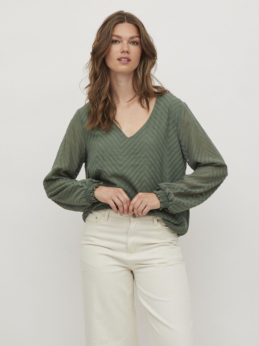 commando schelp hobby LONG SLEEVED V-NECK BLOUSE (Green) | Vila Online Shop