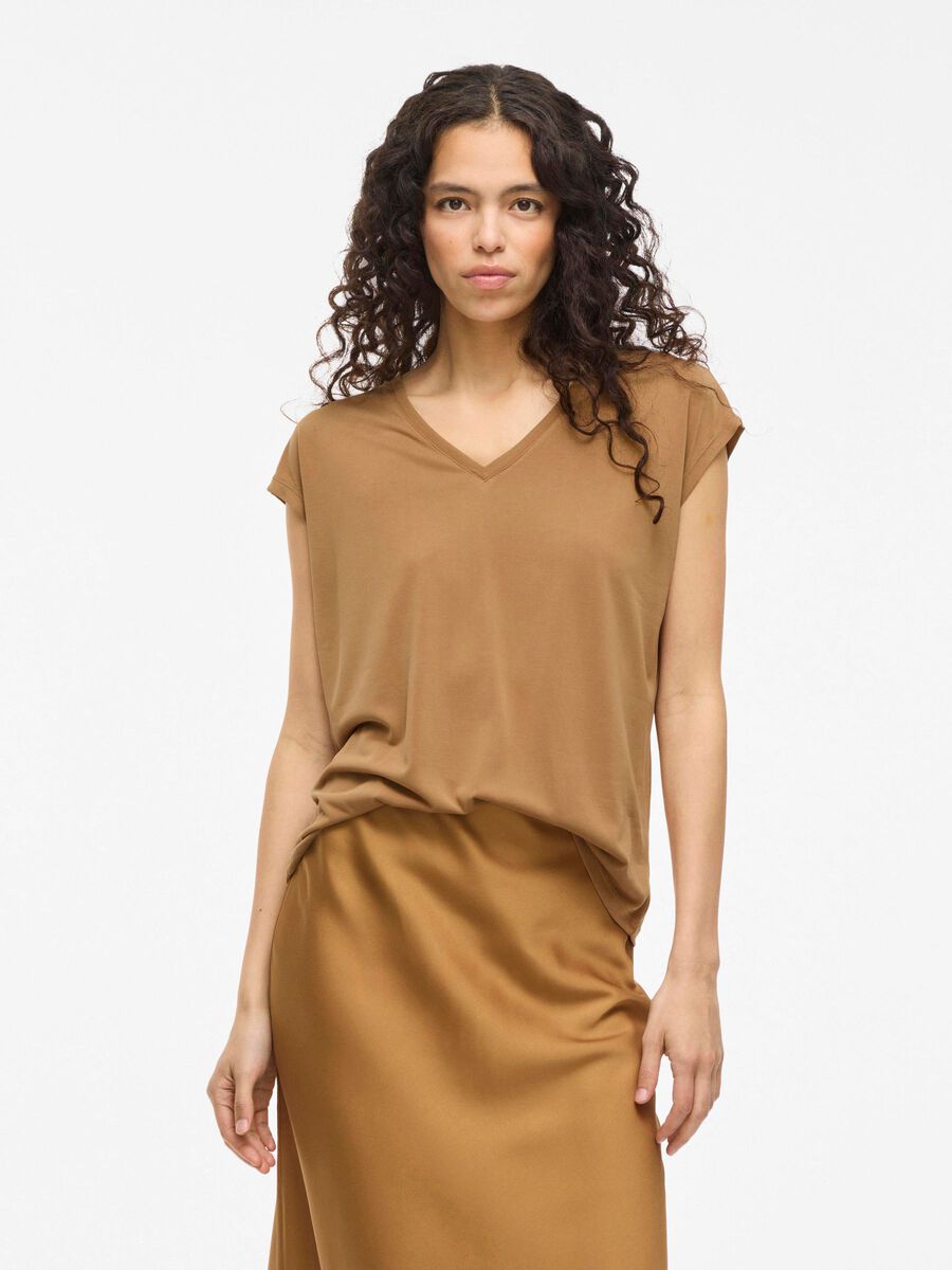 VILA VIMODALA V-NECK SHORT SLEEVED TOP, Bistre, highres - 14074847_Bistre_003.jpg