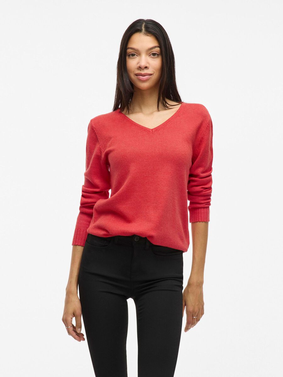 VILA VIRIL V-NECK KNITTED PULLOVER, Aurora Red, highres - 14042769_AuroraRed_958941_003.jpg