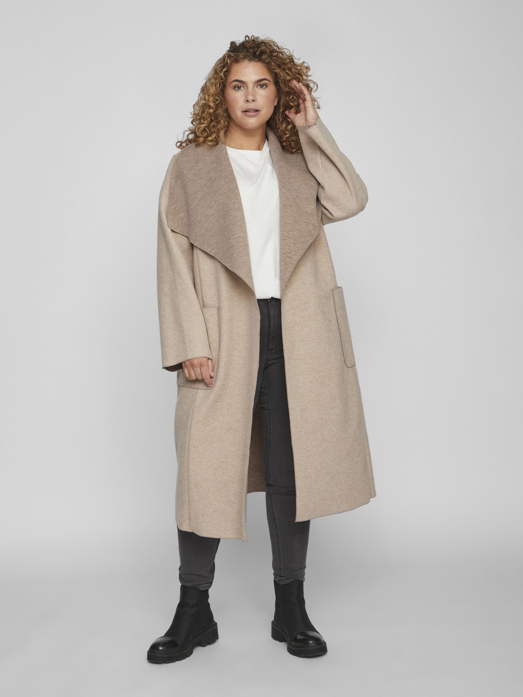 Waterfall collar coat with cheap tie belt