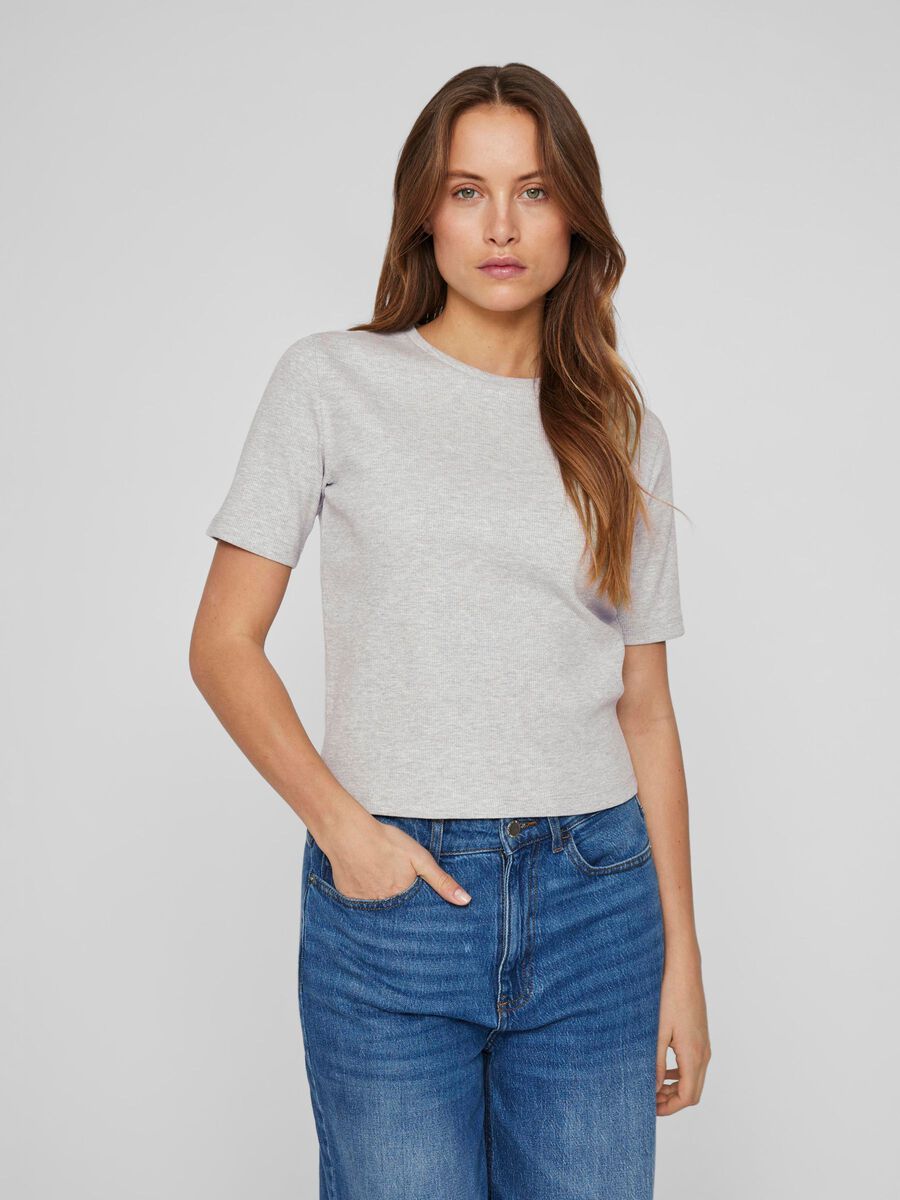 VILA VISOLA ROUND NECK SHORT SLEEVED TOP, Light Grey Melange, highres - 14101758_LightGreyMelange_003.jpg