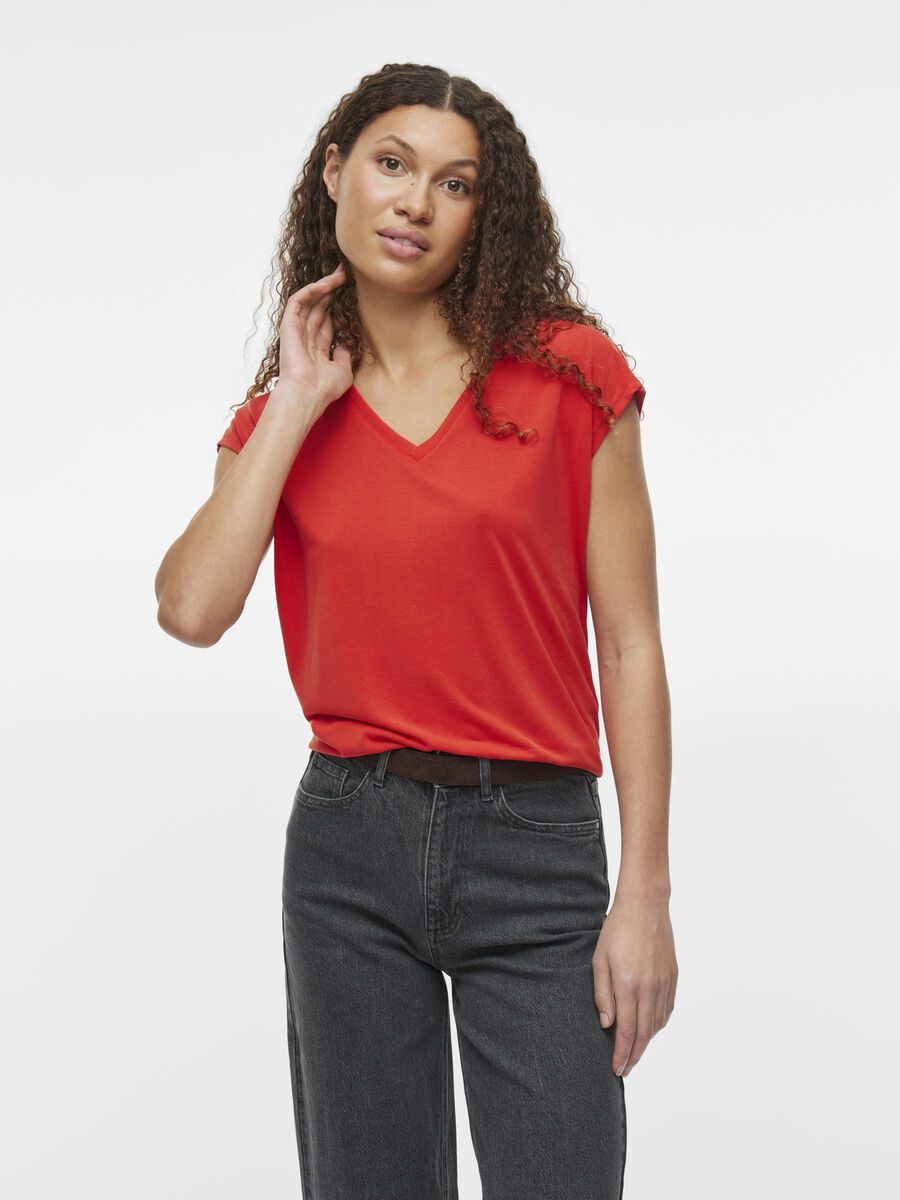 VILA VIMODALA V-NECK SHORT SLEEVED TOP, Aurora Red, highres - 14074847_AuroraRed_003.jpg