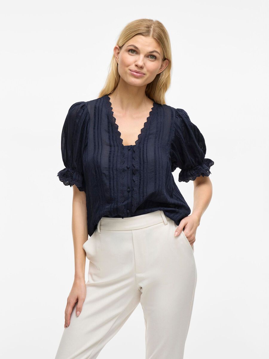 VILA V-NECK SHORT SLEEVED SHIRT, Navy Blazer, highres - 14109647_NavyBlazer_003.jpg