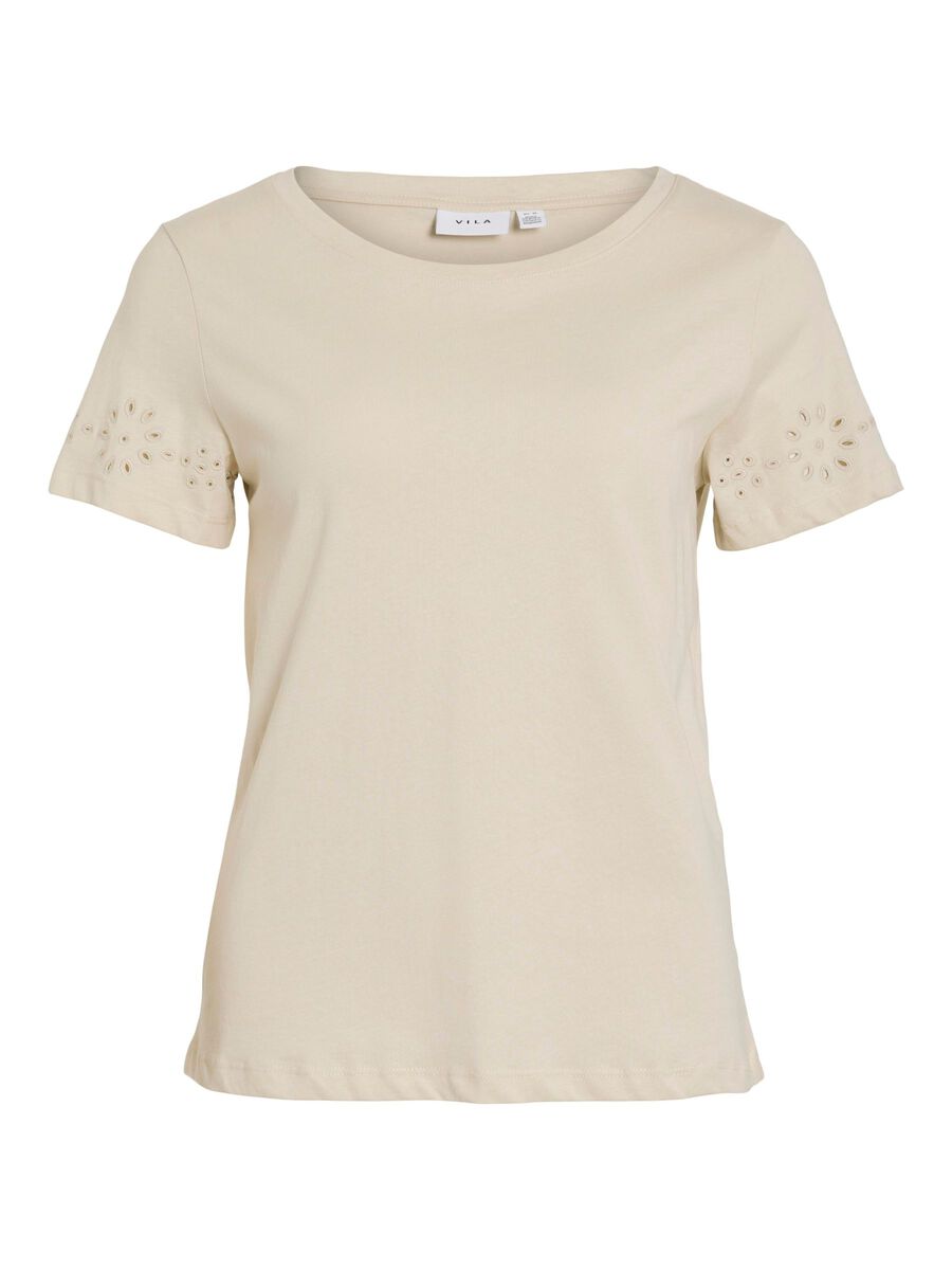 VILA ROUND NECK SHORT SLEEVED TOP, Birch, highres - 14104786_Birch_001.jpg