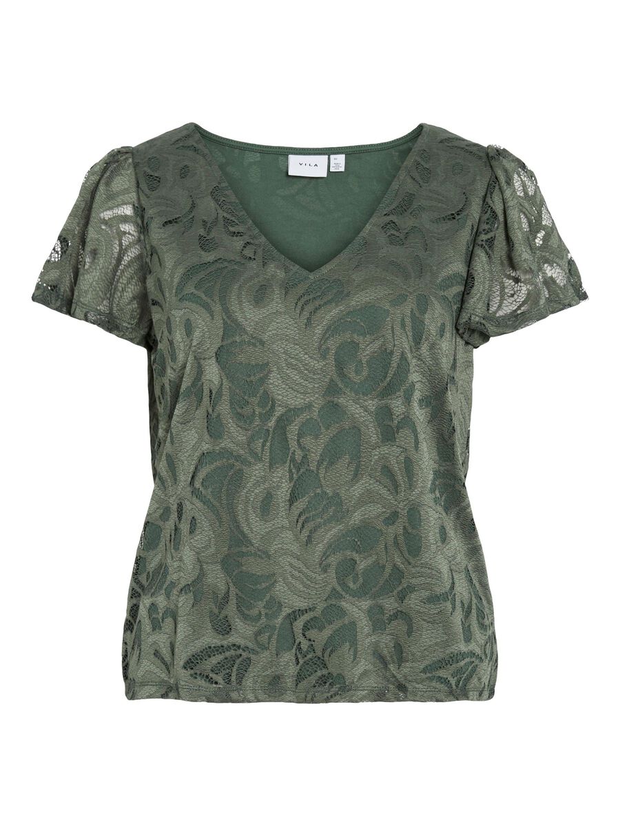 VILA VISTASIA V-NECK SHORT SLEEVED TOP, Laurel Wreath, highres - 14111231_LaurelWreath_001.jpg