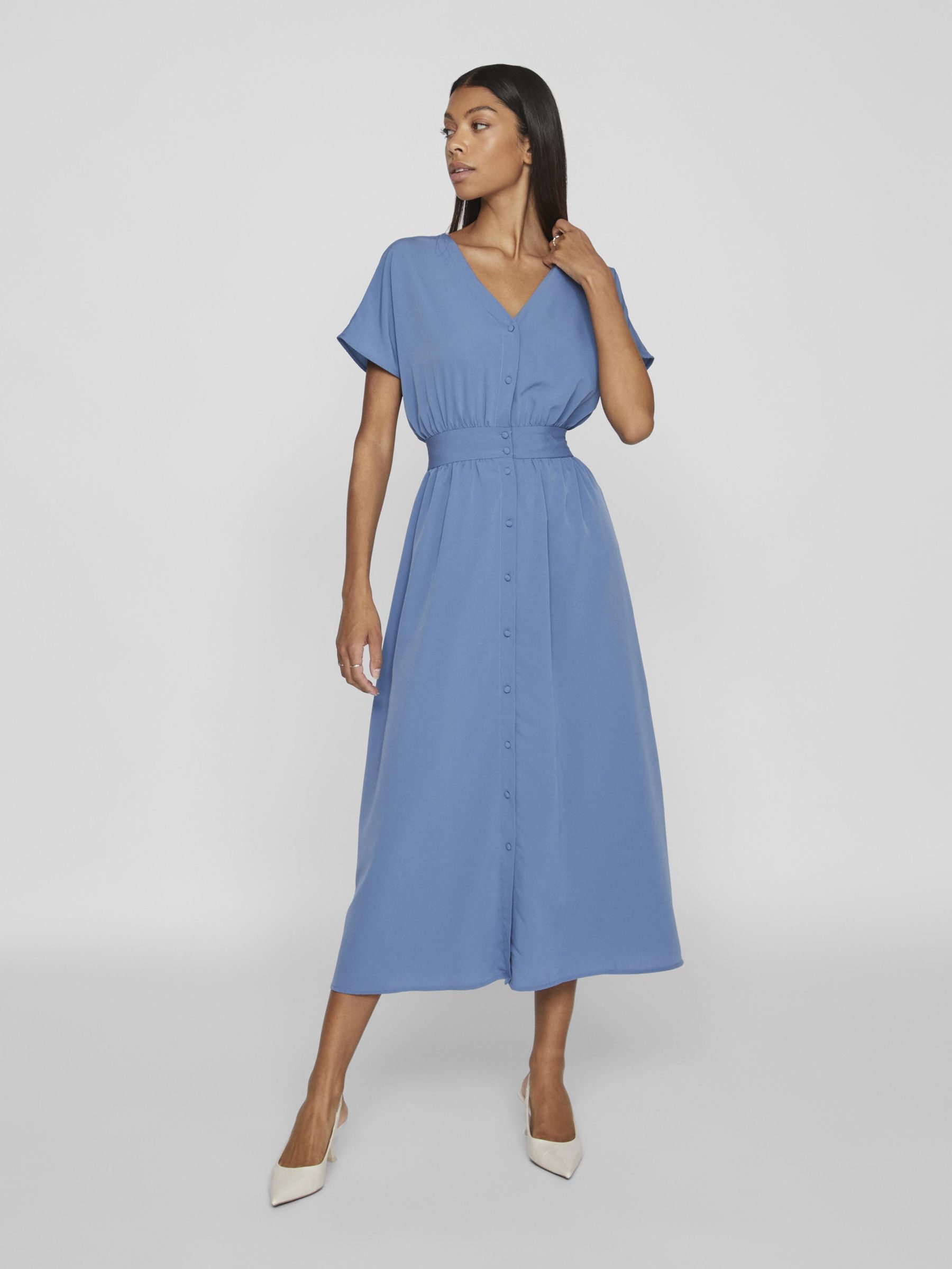 A MANCHES COURTES ET BOUTON ROBE MI LONGUE Bleu VILA