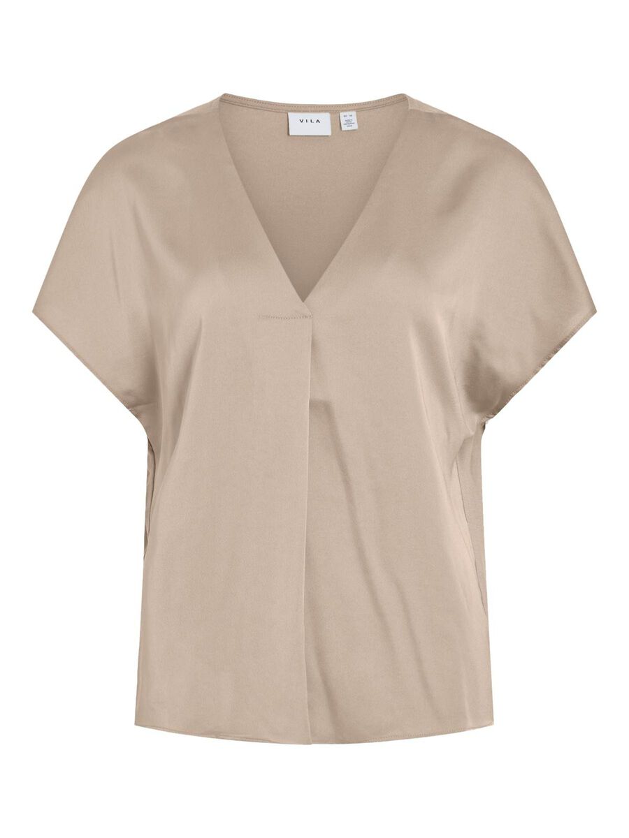 VILA VIELLETTE V-NECK SHORT SLEEVED TOP, Cement, highres - 14089239_Cement_001.jpg