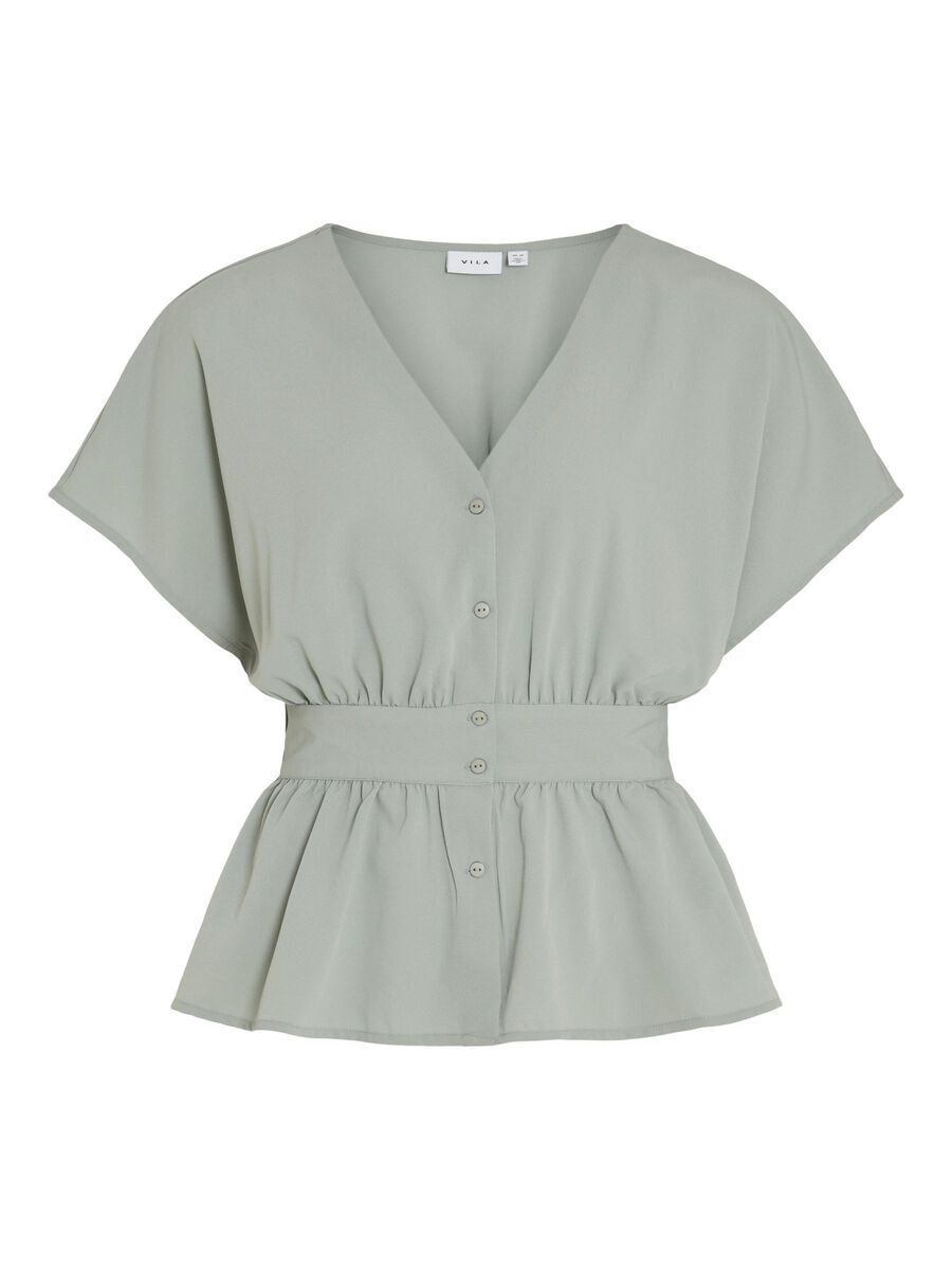 VILA BUTTONED SHORT SLEEVED TOP, Green Milieu, highres - 14099283_GreenMilieu_001.jpg