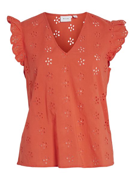 Vila V-NECK CAP SLEEVE TOP, Hot Coral, highres - 14089933_HotCoral_001.jpg