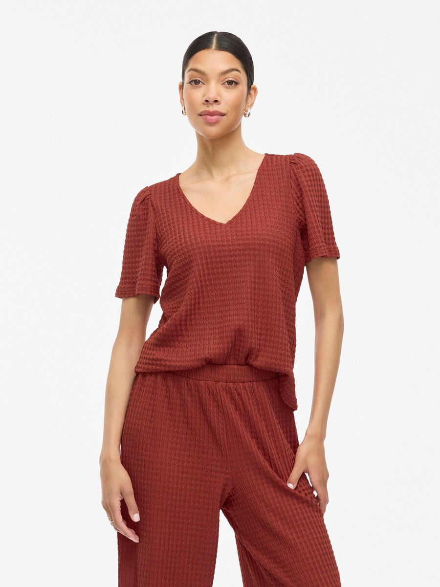 VILA VIGRY V-NECK SHORT SLEEVED TOP, Red Ochre, highres - 14111213_RedOchre_003.jpg