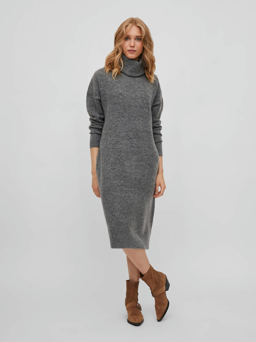Vila ROLL NECK KNITTED DRESS, Medium Grey Melange, highres - 14075479_MediumGreyMelange_003.jpg
