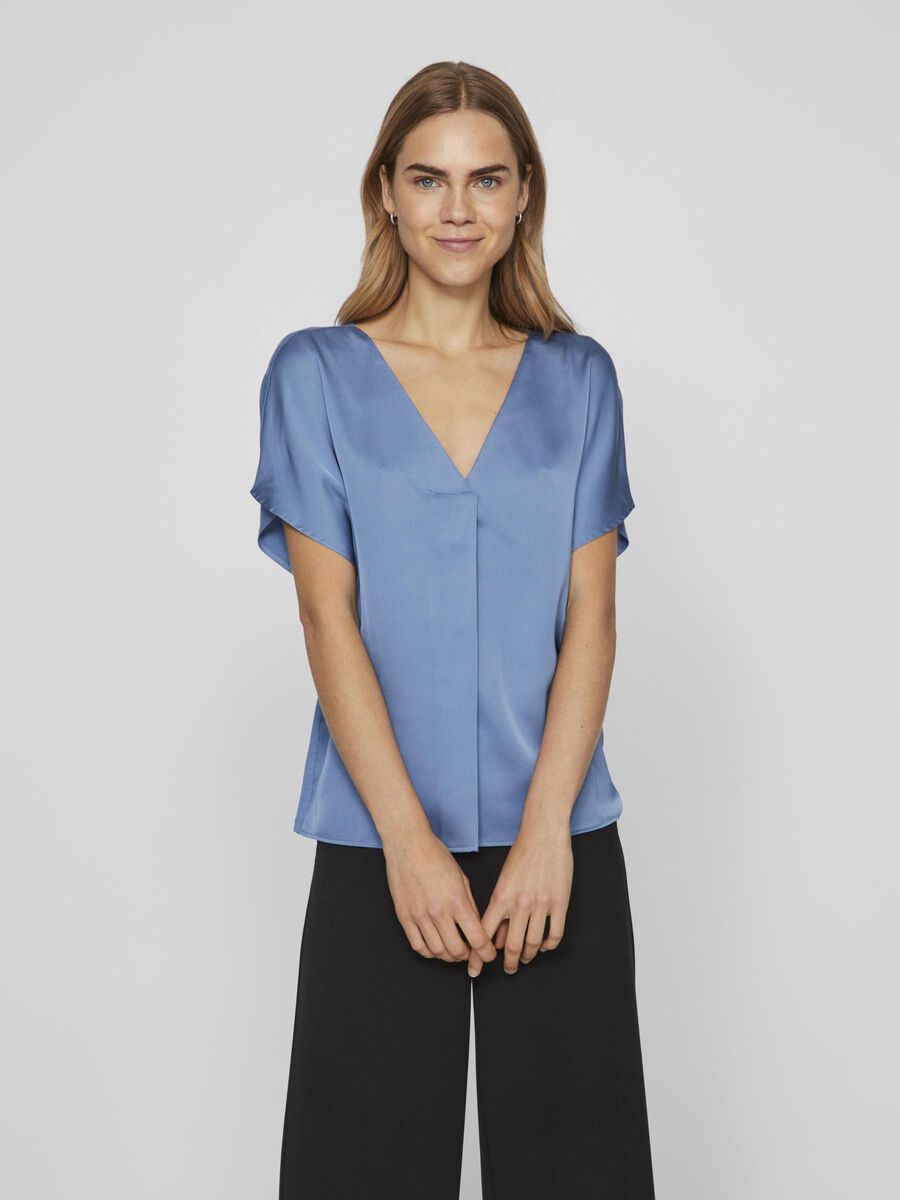 VILA VIELLETTE V-NECK SHORT SLEEVED TOP, Coronet Blue, highres - 14089239_CoronetBlue_003.jpg