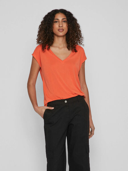 Vila V-NECK SHORT SLEEVED TOP, Tigerlily, highres - 14074847_Tigerlily_003.jpg