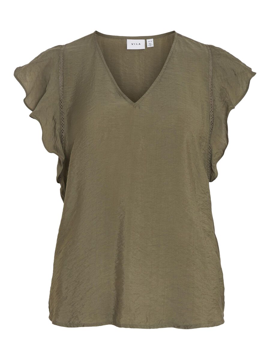 VILA RUFFLE SHORT SLEEVED TOP, Dusty Olive, highres - 14098558_DustyOlive_001.jpg