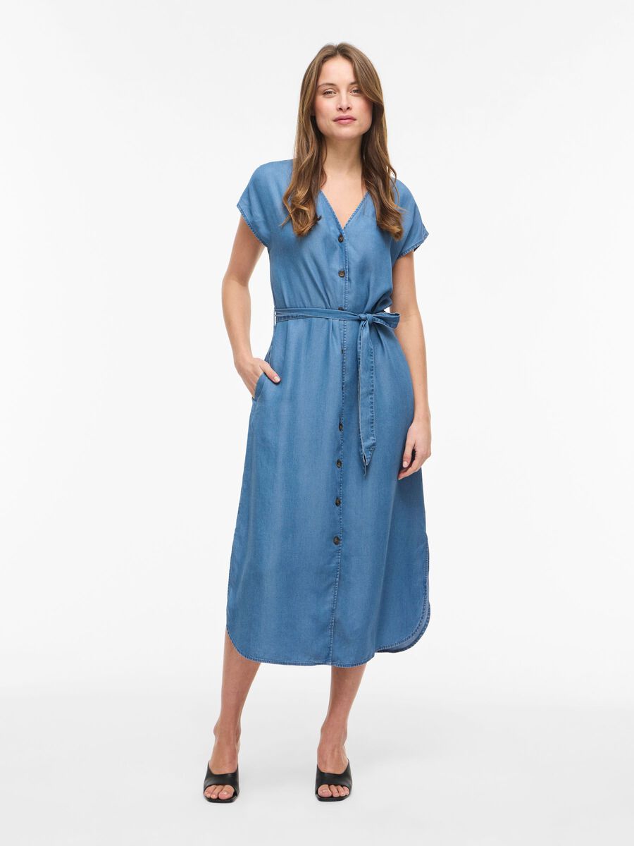 Product carousel image - VIMAIA SHORT SLEEVED MIDI DRESS, Medium Blue Denim | 1