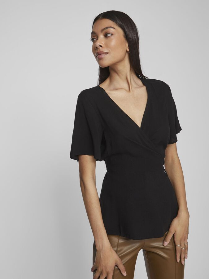 SHORT SLEEVE WRAP TOP | Black | VILA®
