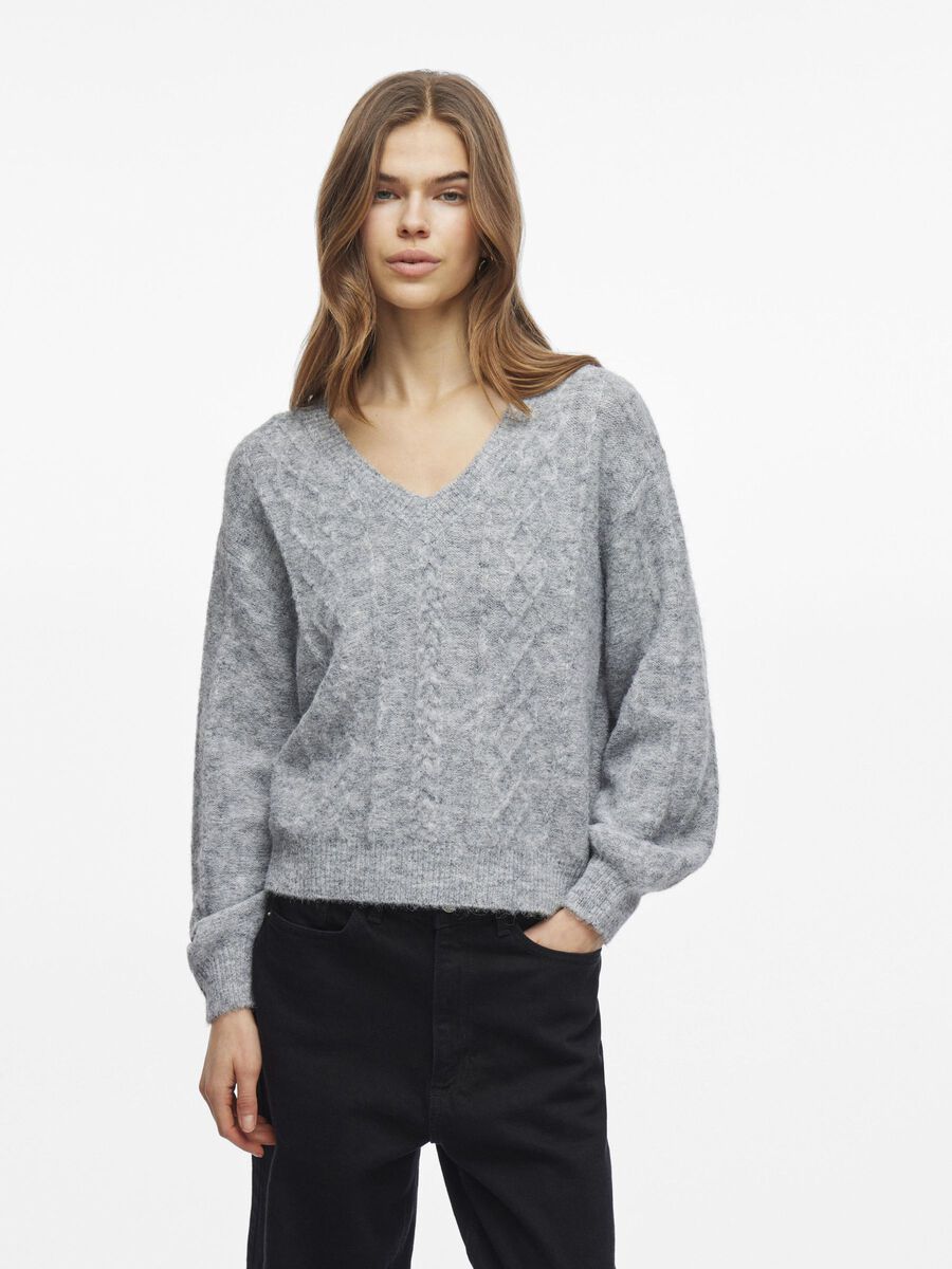 VILA COL EN V PULL EN MAILLE, Medium Grey Melange, highres - 14110999_MediumGreyMelange_003.jpg