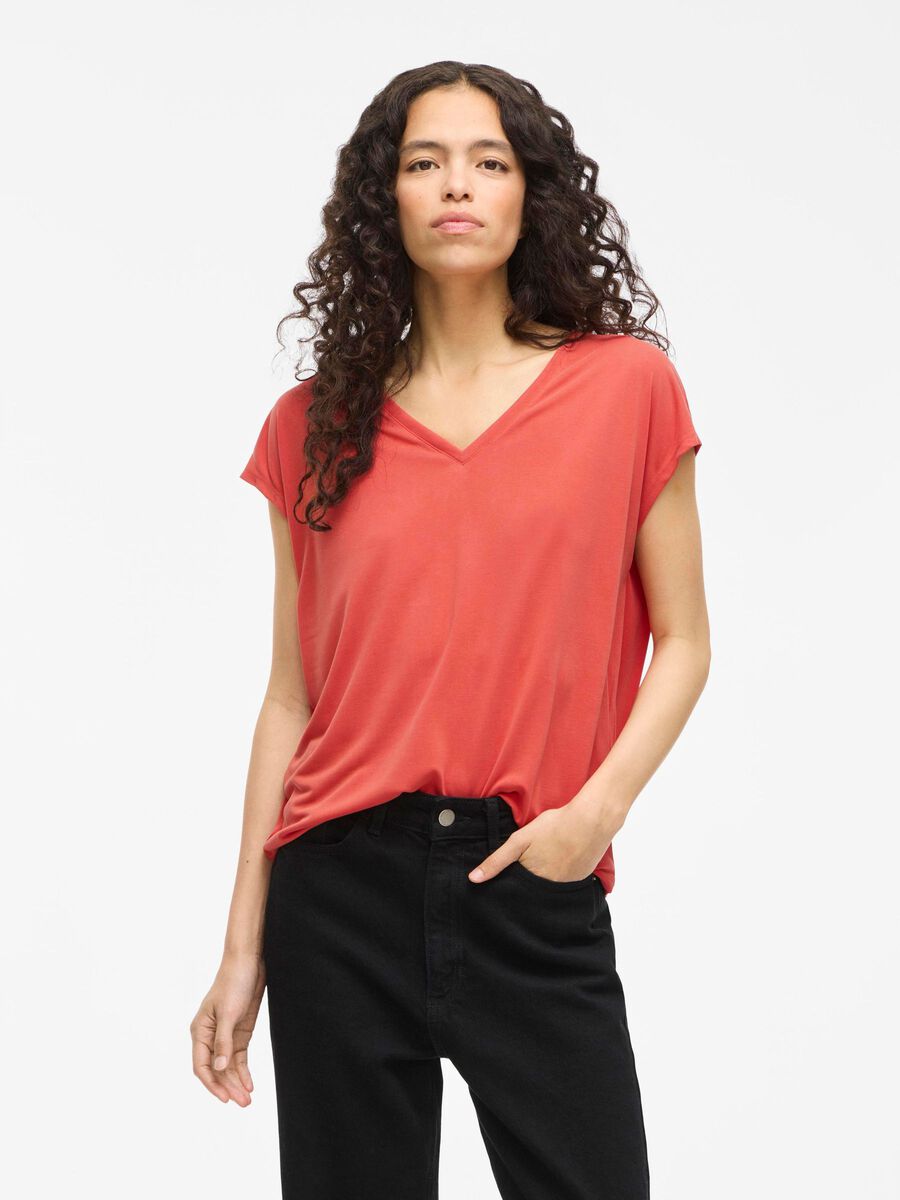 VILA VIMODALA V-NECK SHORT SLEEVED TOP, Paprika, highres - 14074847_Paprika_003.jpg