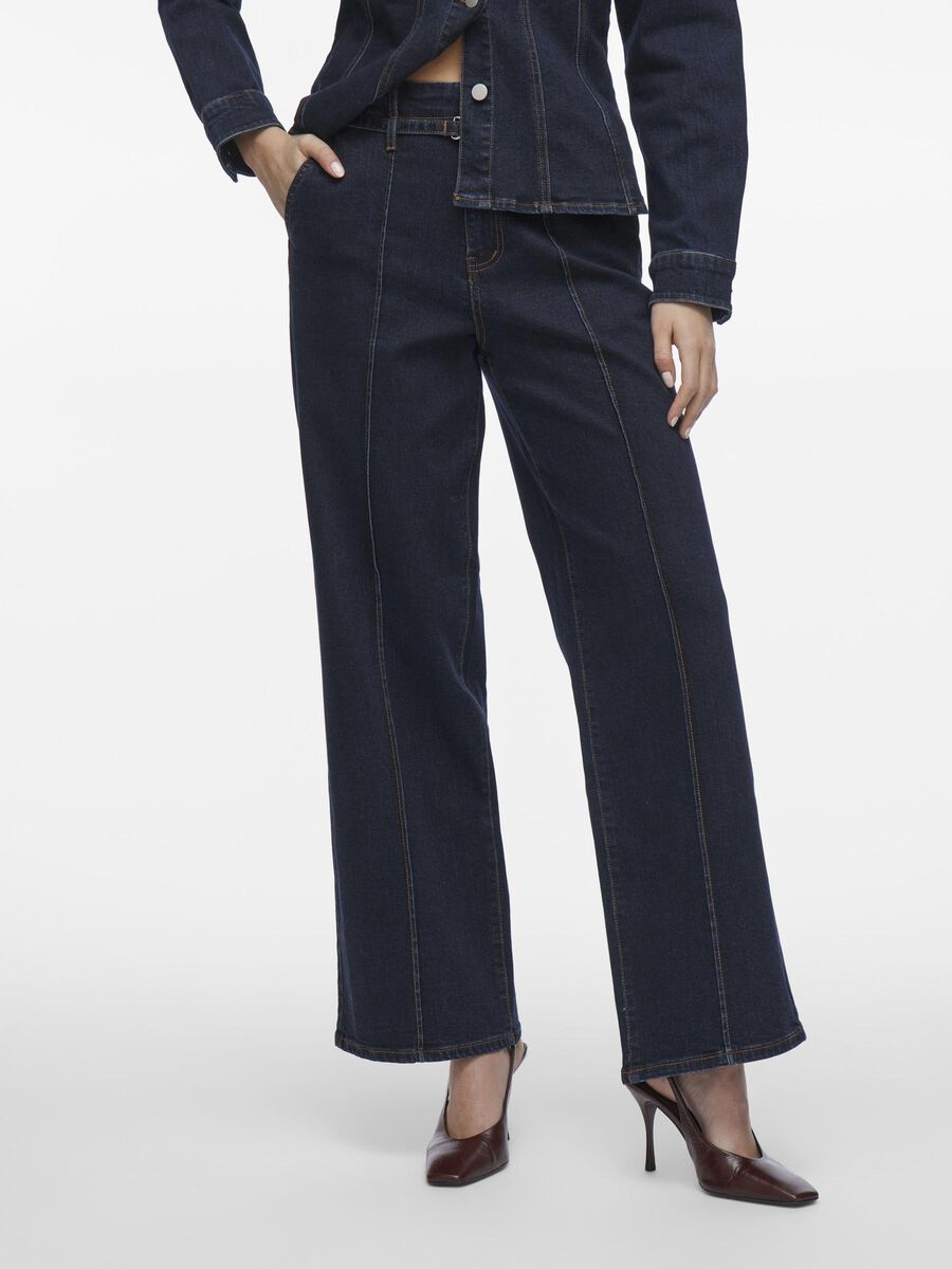 VILA HIGH WAIST WIDE FIT JEANS, Dark Blue Denim, highres - 14104366_DarkBlueDenim_003.jpg