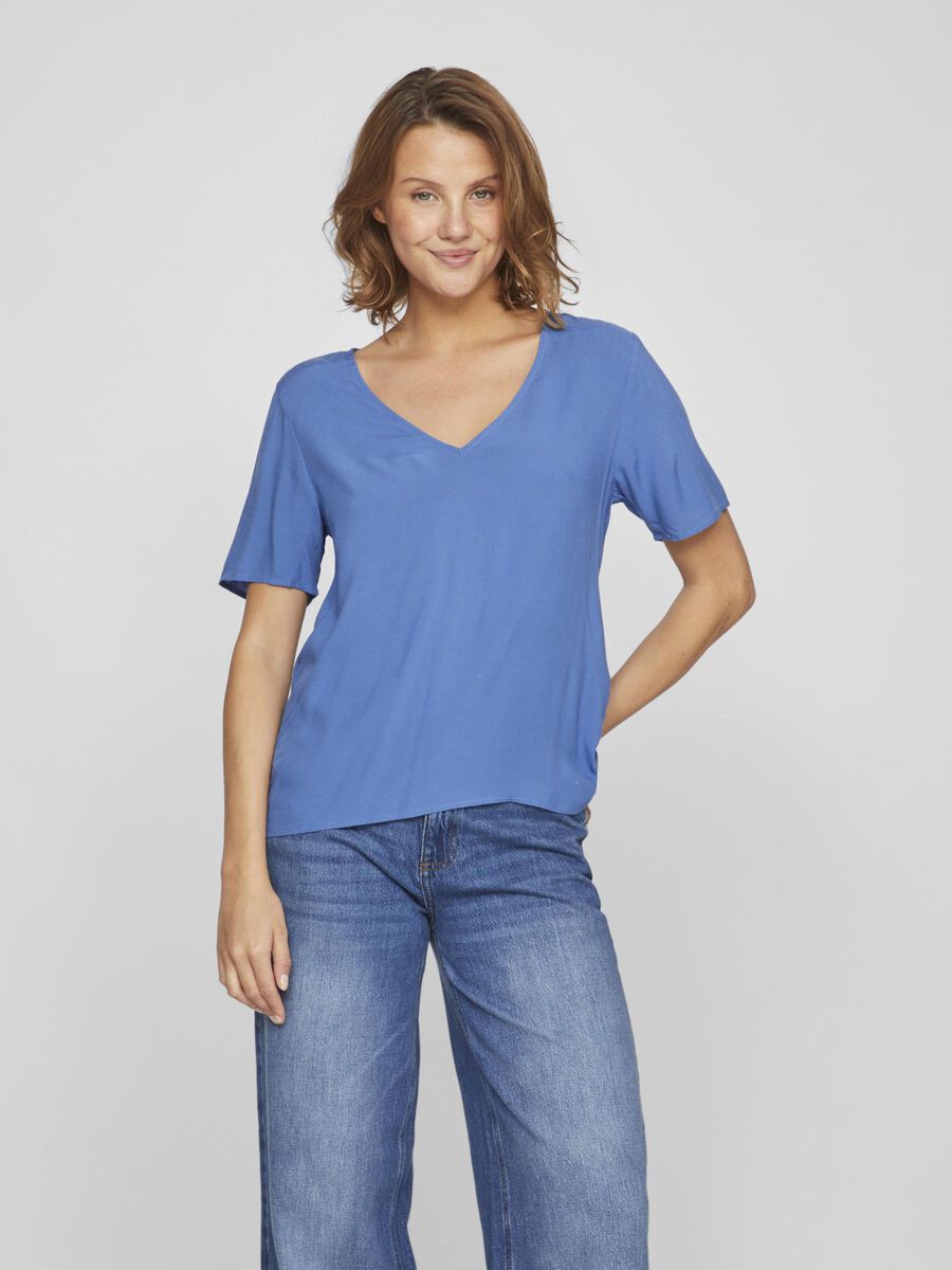 Vila SHORT-SLEEVED V-NECK TOP, Federal Blue, highres - 14079533_FederalBlue_003.jpg