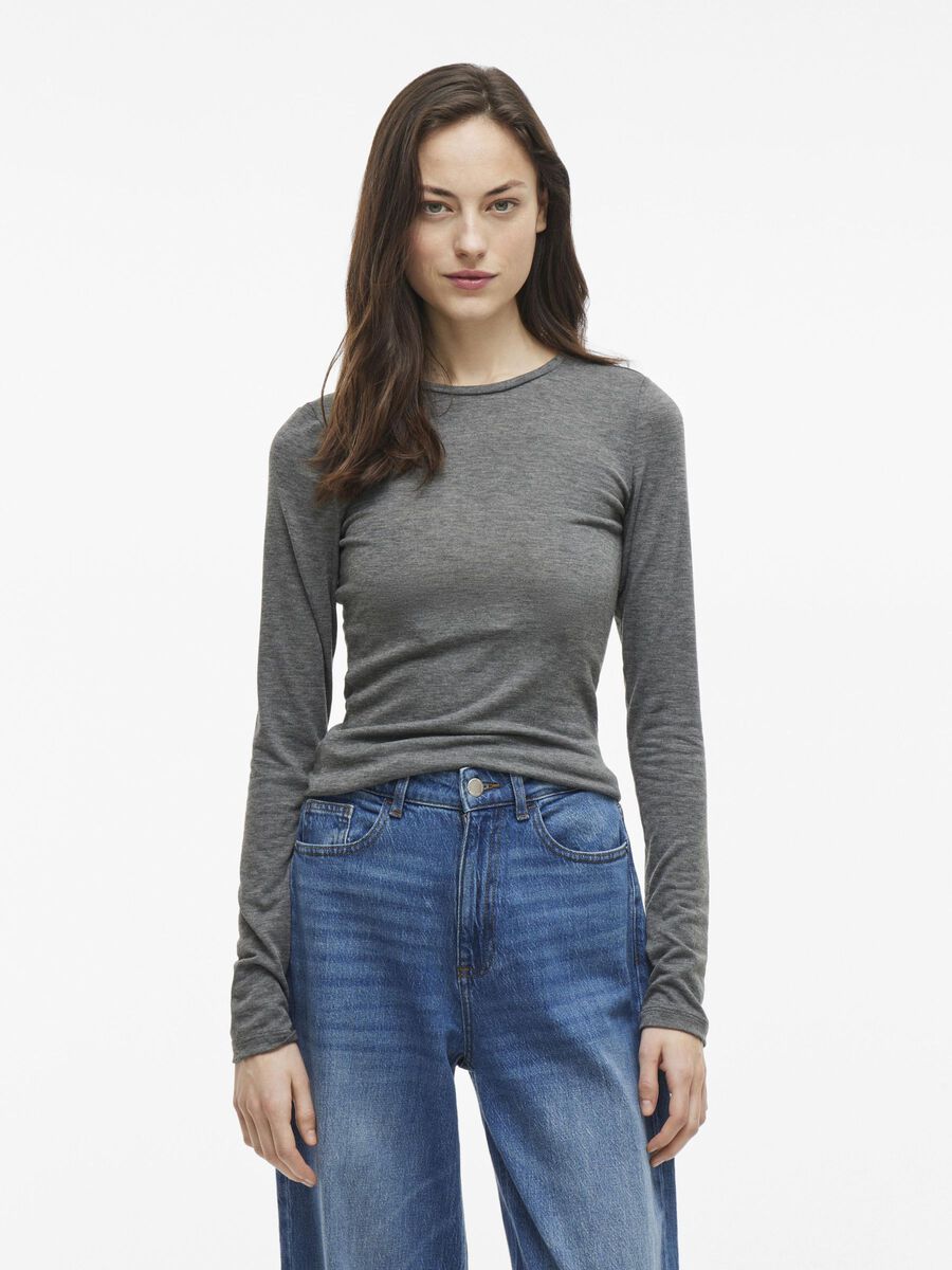 VILA ROUND NECK LONG SLEEVED TOP, Dark Grey Melange, highres - 14111424_DarkGreyMelange_003.jpg