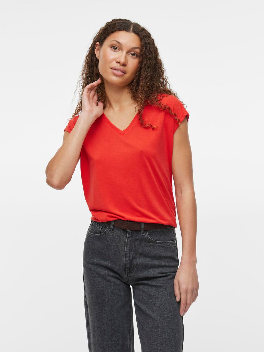 VILA VIMODALA V-NECK SHORT SLEEVED TOP, Aurora Red, highres - 14074847_AuroraRed_003.jpg