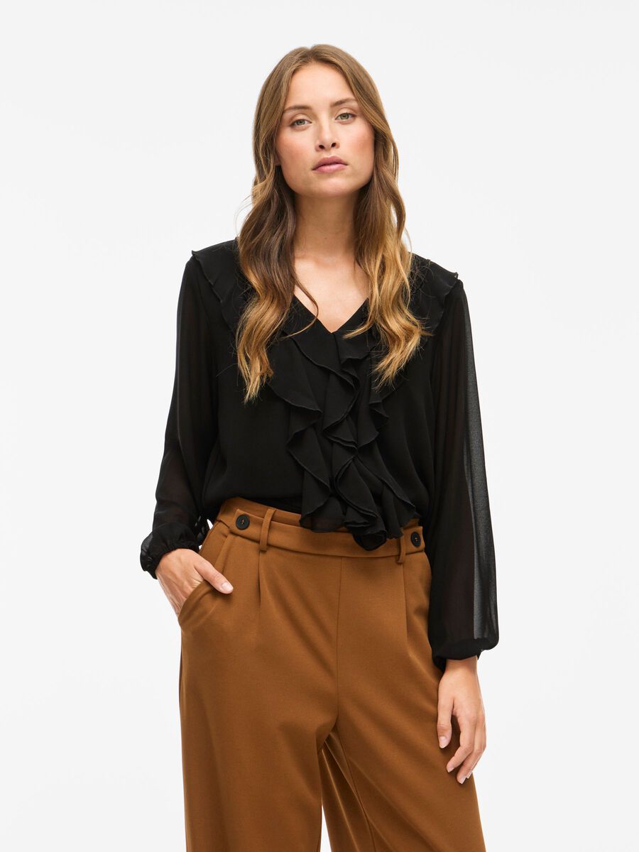 Carousel image - VIANE FRILL LONG SLEEVED TOP, Black | 1