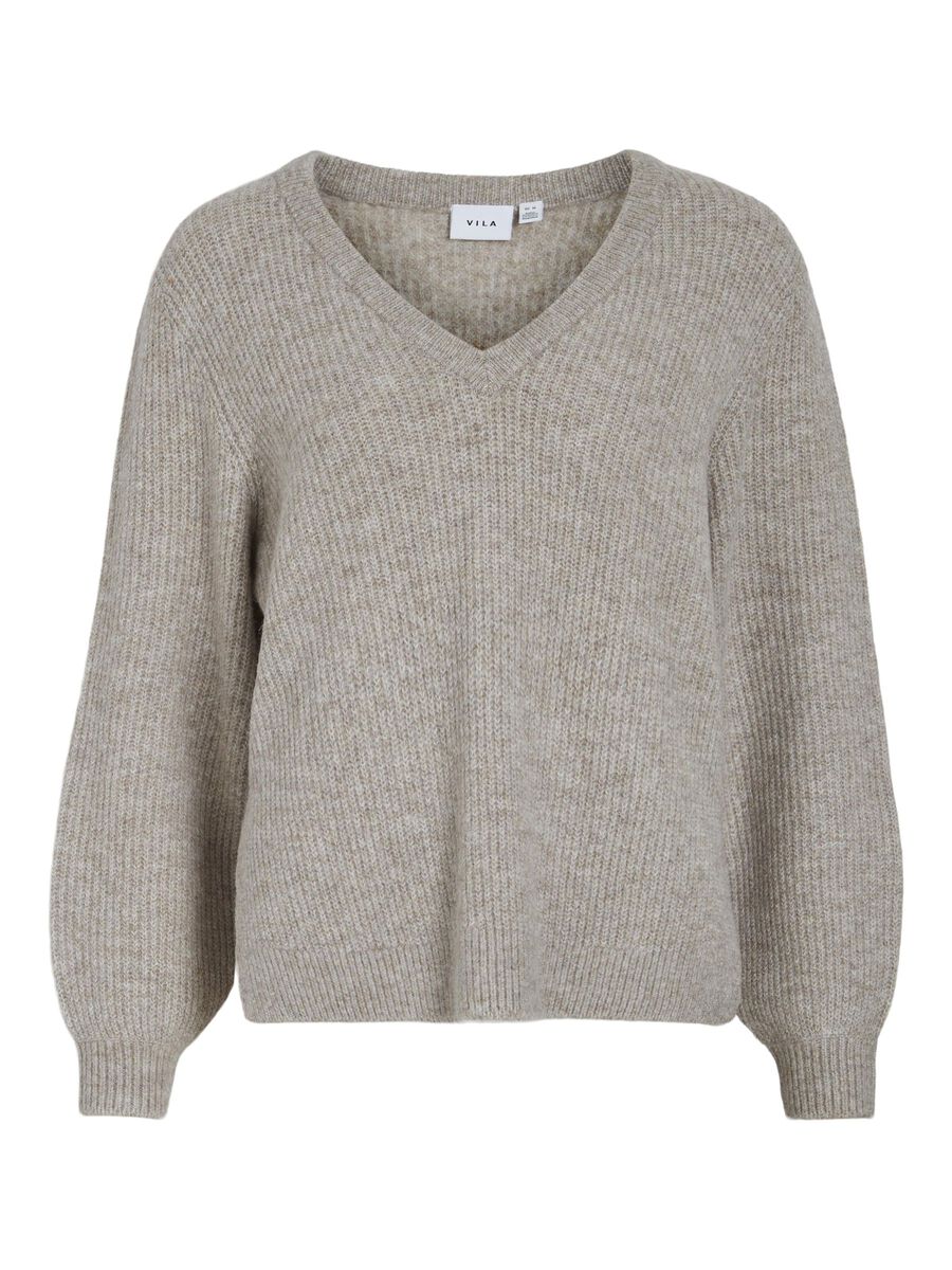 VILA CUELLO EN V JERSEY DE PUNTO, Natural Melange, highres - 14094217_NaturalMelange_001.jpg
