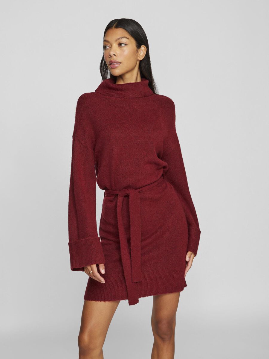 VILA TIE WAIST KNITTED DRESS, Cabernet, highres - 14061999_Cabernet_003.jpg